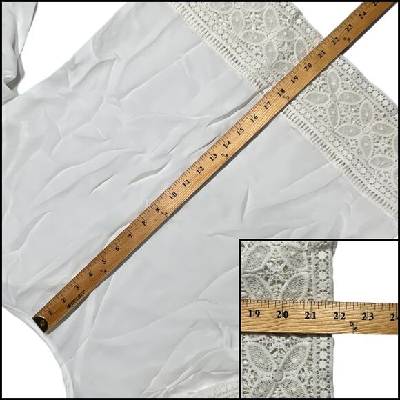 Exquisite Semi-Sheer Tunic Top Lace Bell Sleeves V-Neck White - Picture 13 of 13
